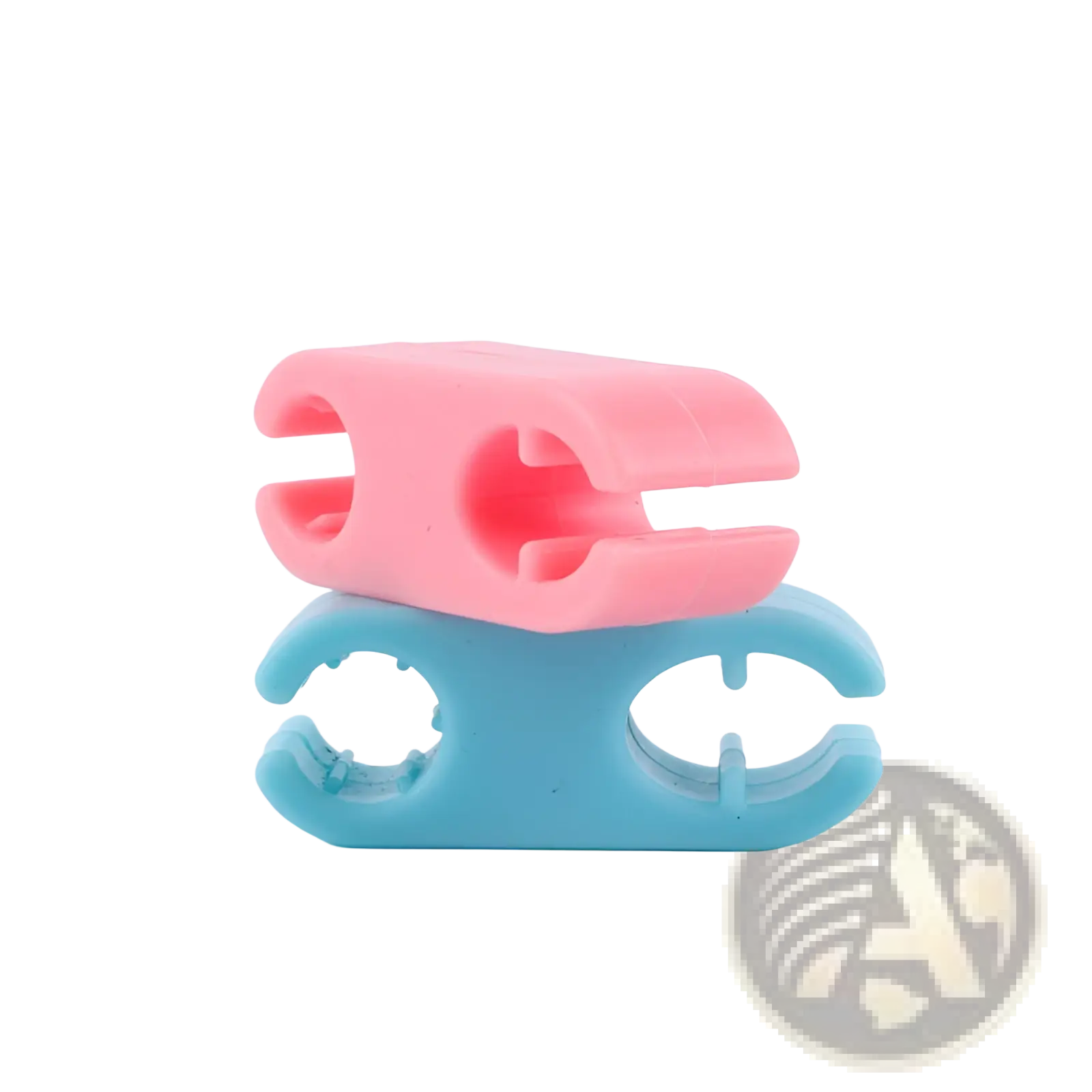 Pink and teal plastic pet selfie phone clip holders stacked together for secure dog toy attachment and phone use