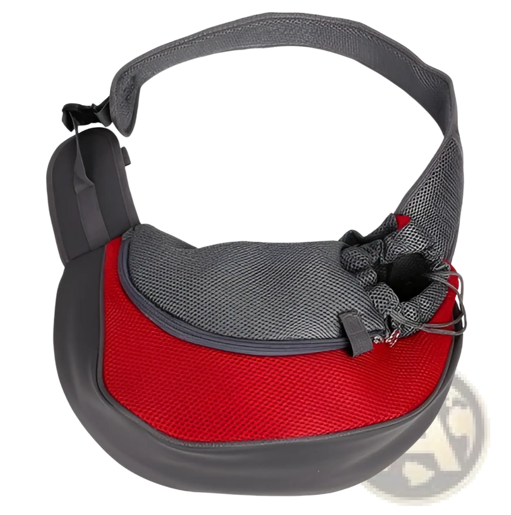 Red and gray mesh pet sling carrier bag with adjustable shoulder strap for hands free dog carrying