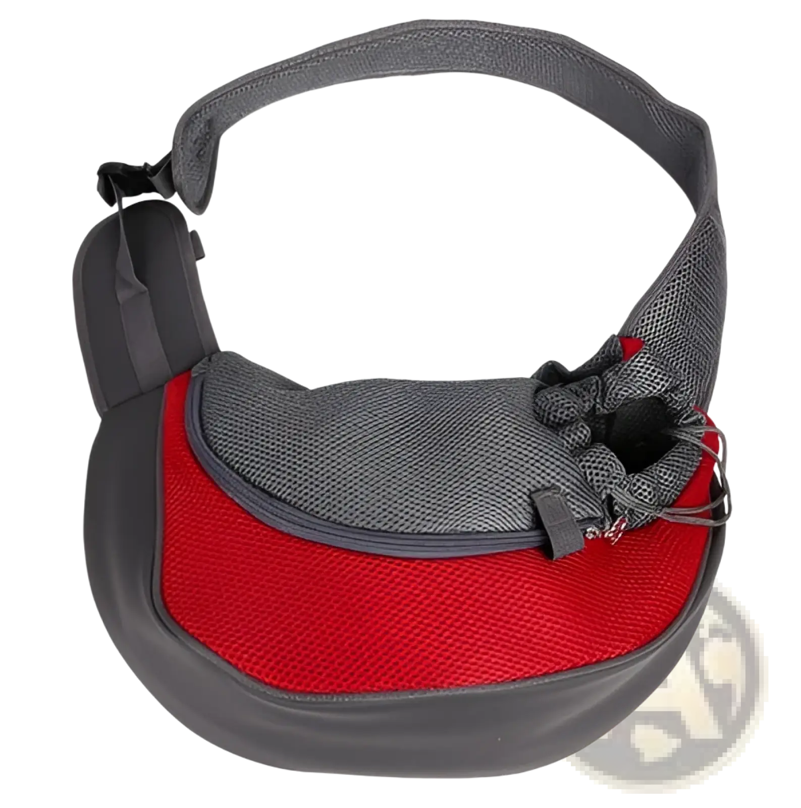 Red and gray mesh pet sling carrier bag with adjustable shoulder strap for hands free dog carrying