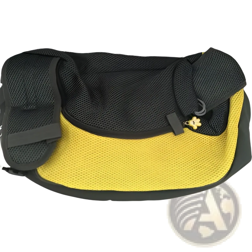 Black and yellow mesh pet sling carrier bag with flower-shaped zipper pull for hands free dog transport