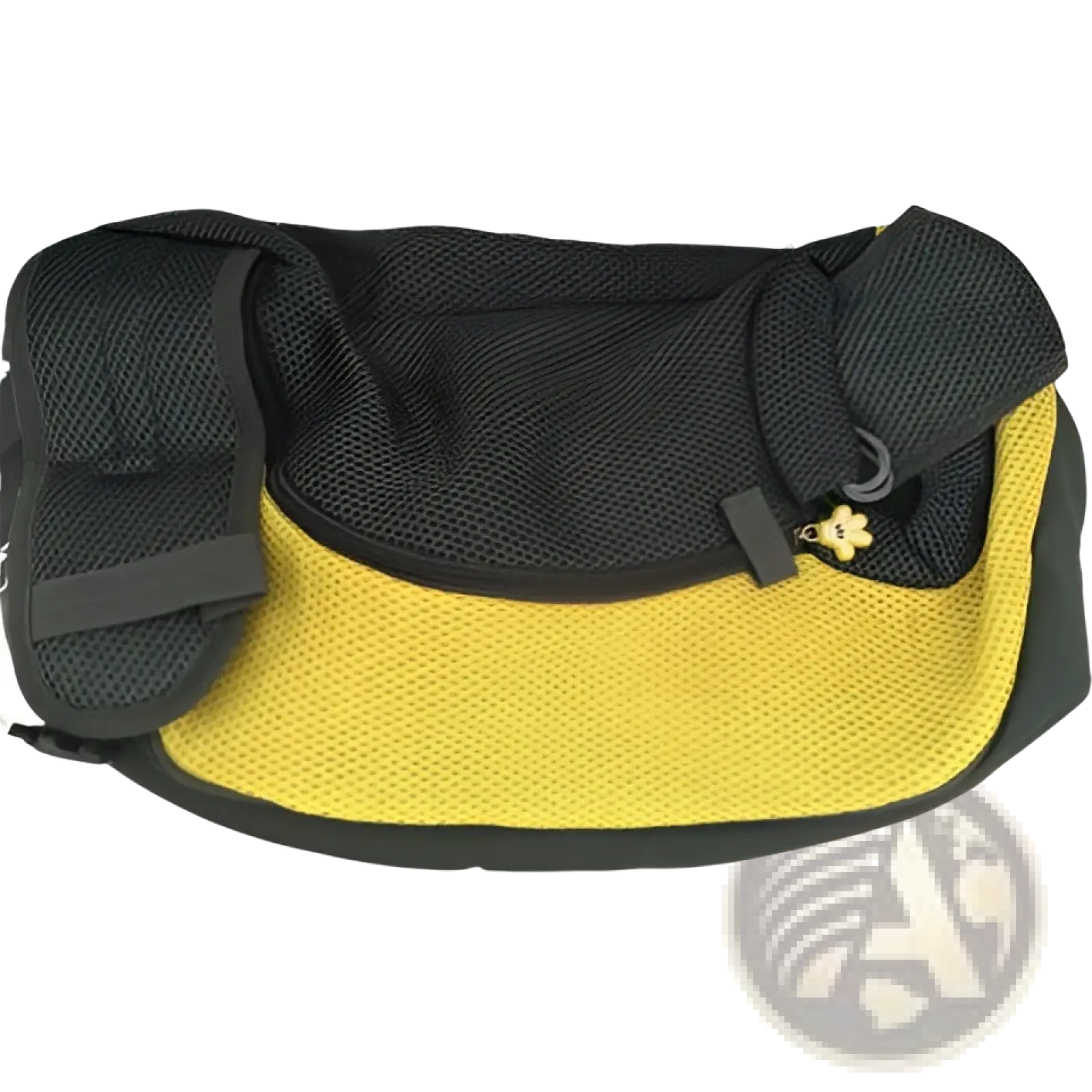Black and yellow mesh pet sling carrier bag with flower-shaped zipper pull for hands free dog transport
