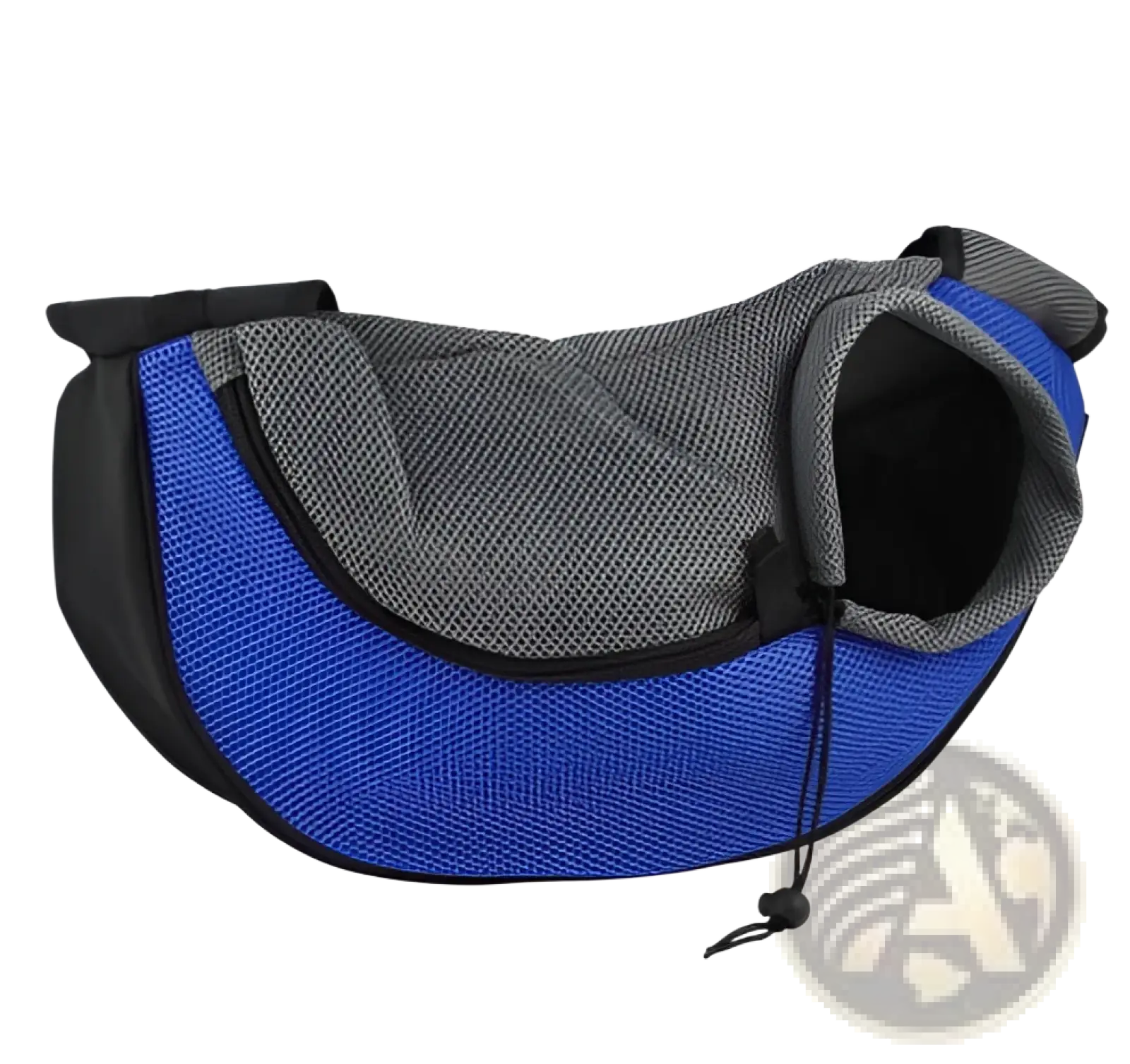 Blue and gray mesh pet sling carrier bag with black trim designed as a hands free mesh dog backpack