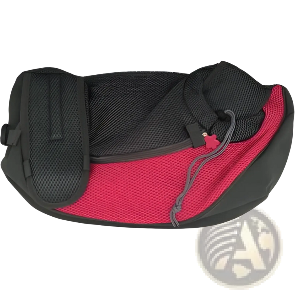 Red and black mesh pet sling carrier bag with adjustable drawstring closure for hands free dog carrying