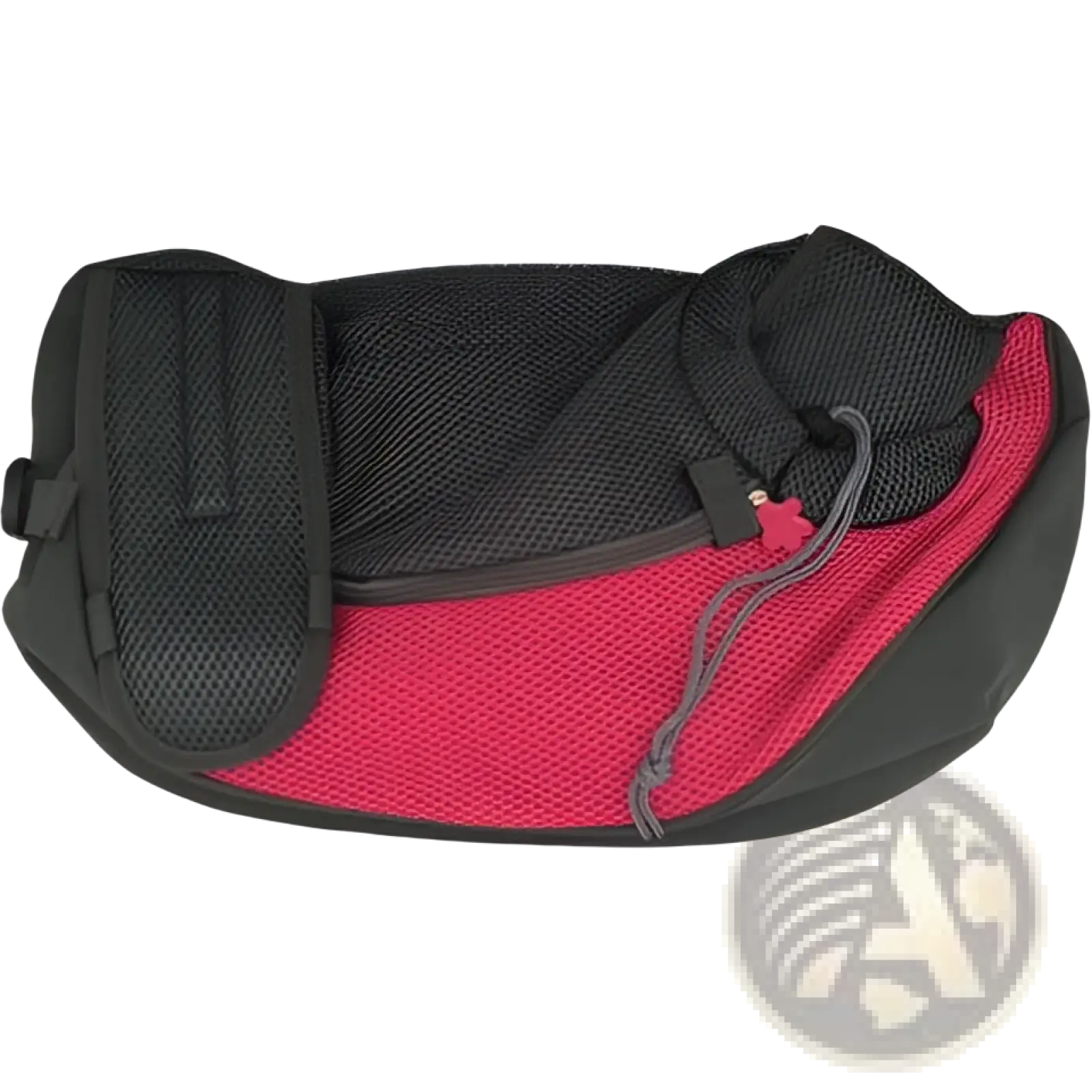 Red and black mesh pet sling carrier bag with adjustable drawstring closure for hands free dog carrying