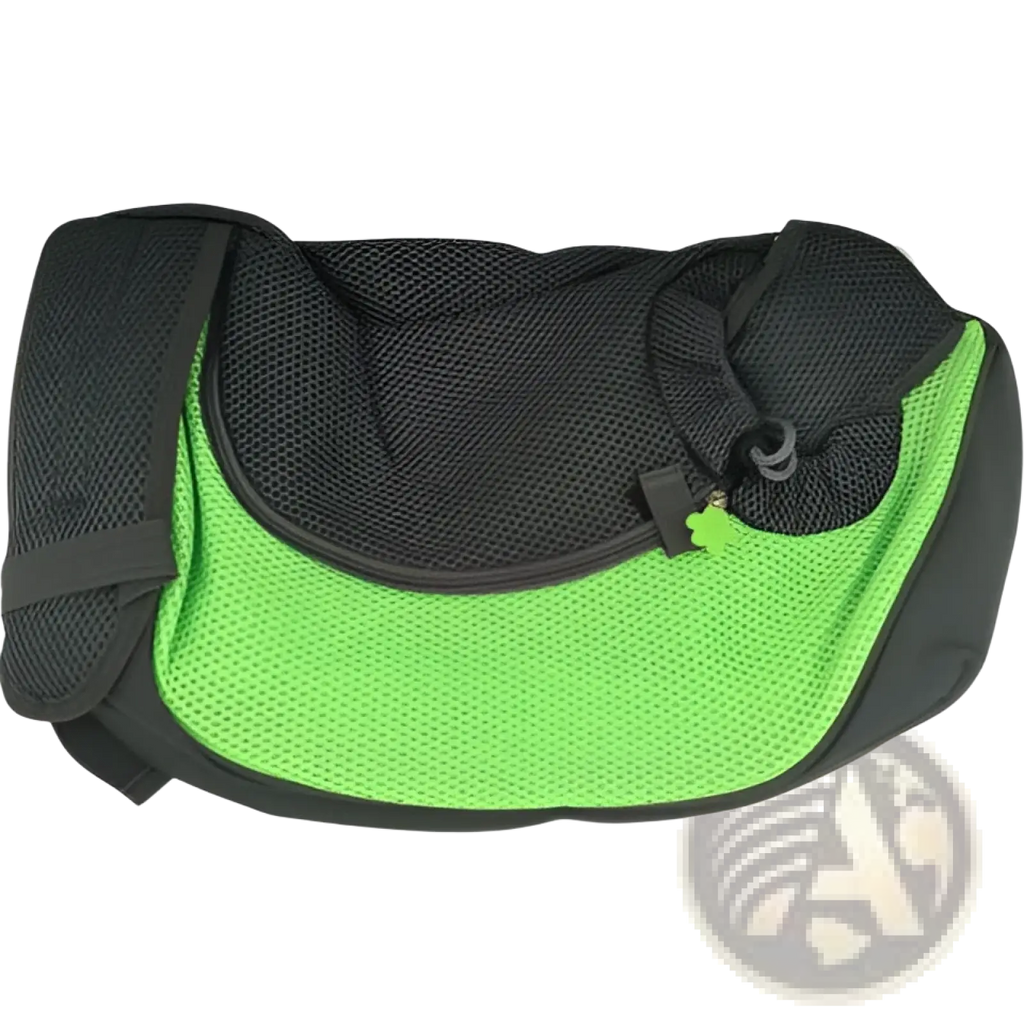 Bright green and black mesh pet sling carrier bag with adjustable straps for hands free dog backpack use