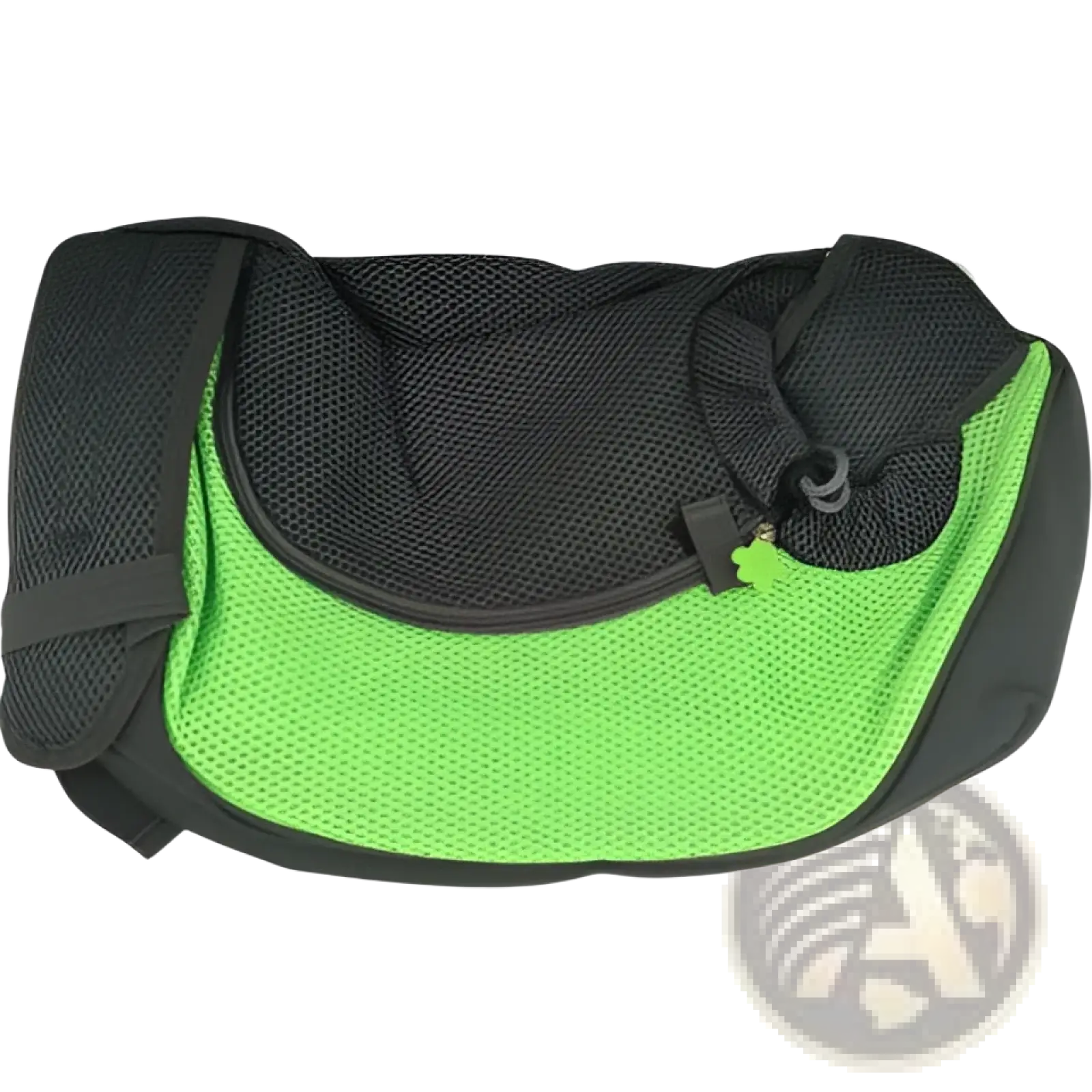 Bright green and black mesh pet sling carrier bag with adjustable straps for hands free dog backpack use