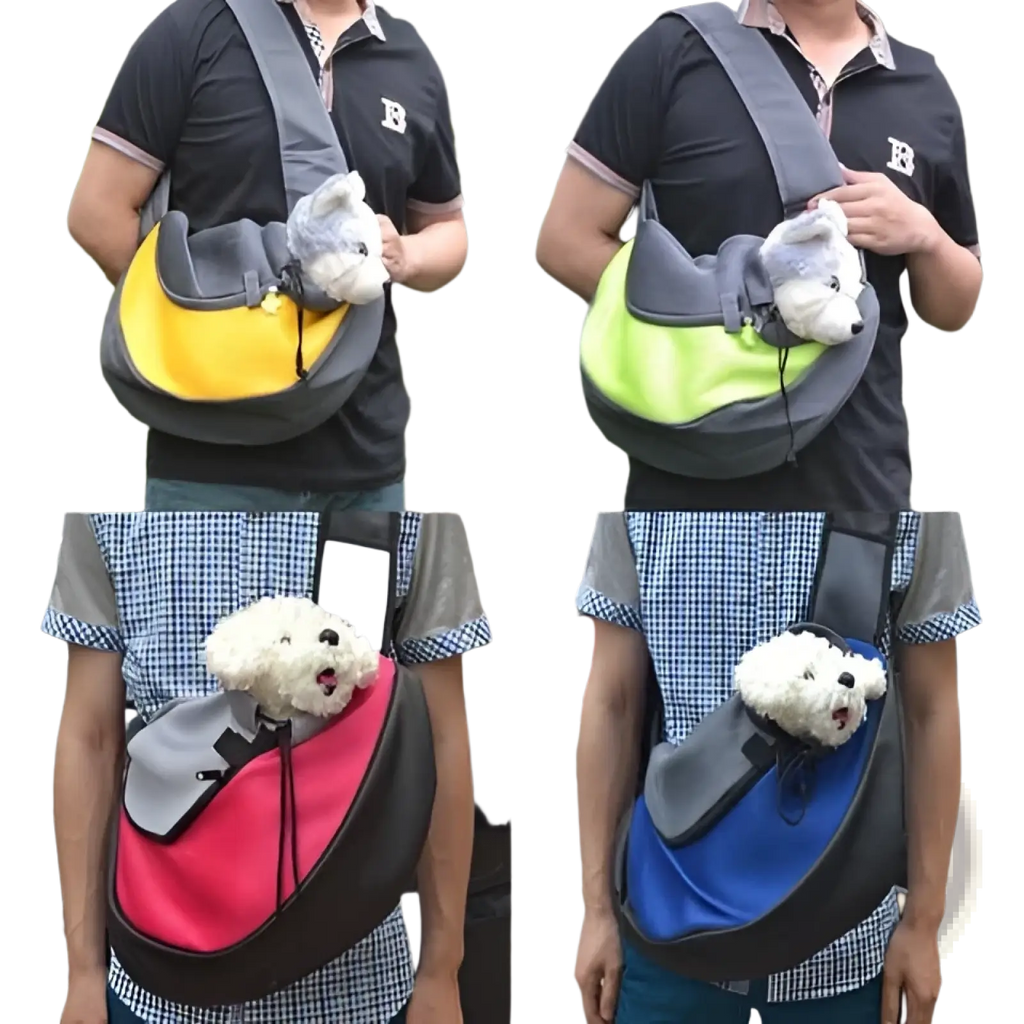 A colorful soft-sided pet sling carrier bag with adjustable shoulder straps and a front mesh opening for easy access