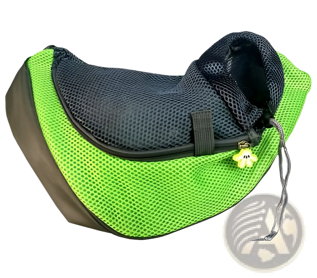Bright green mesh pet sling carrier bag with black interior and yellow flower zipper pull for hands free use