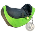 Bright green mesh pet sling carrier bag with black interior and yellow flower zipper pull for hands free use