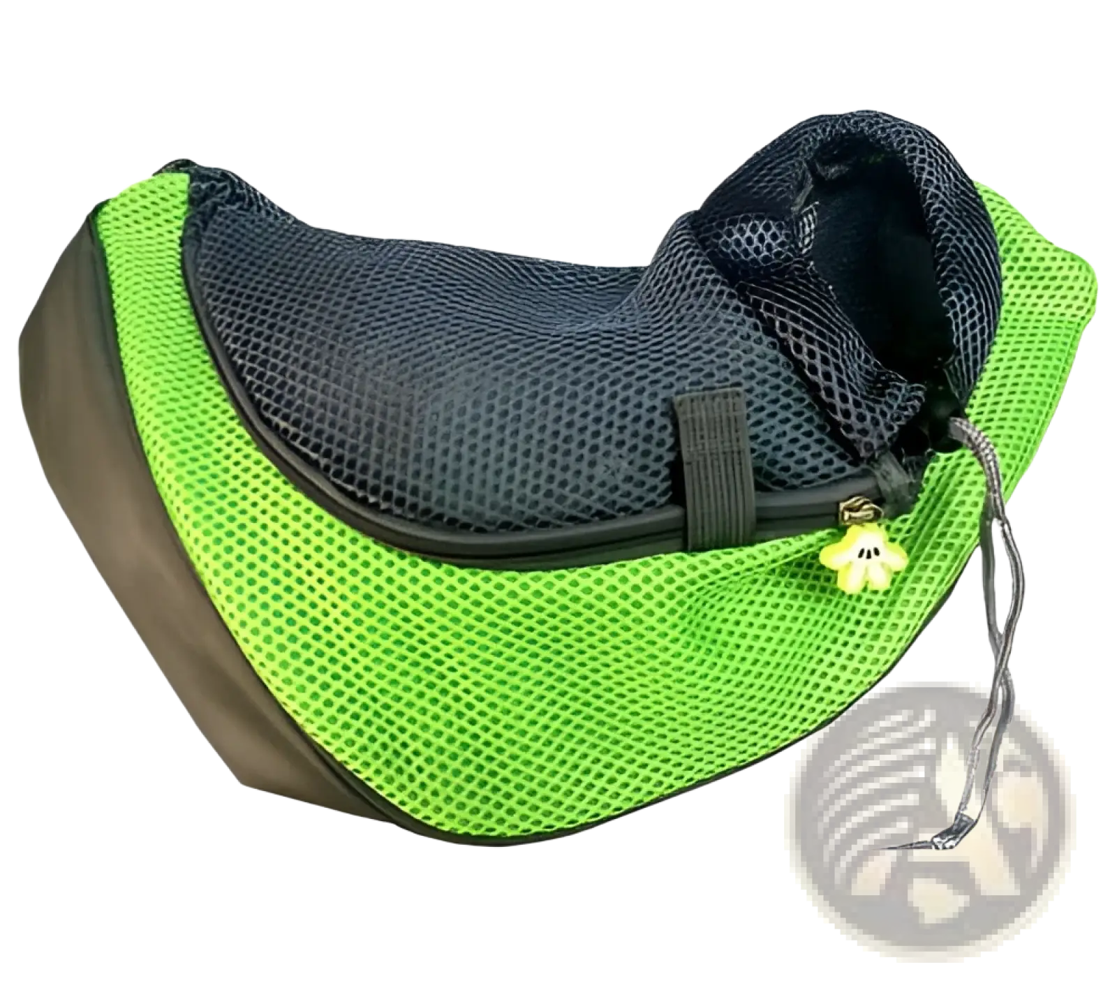Bright green mesh pet sling carrier bag with black interior and yellow flower zipper pull for hands free use