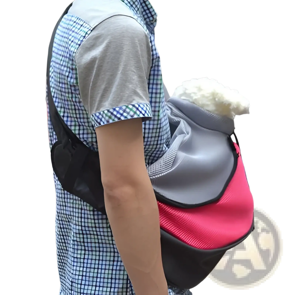 Pet sling carrier bag hands free mesh dog backpack in pink and gray mesh with black trim for carrying small dogs