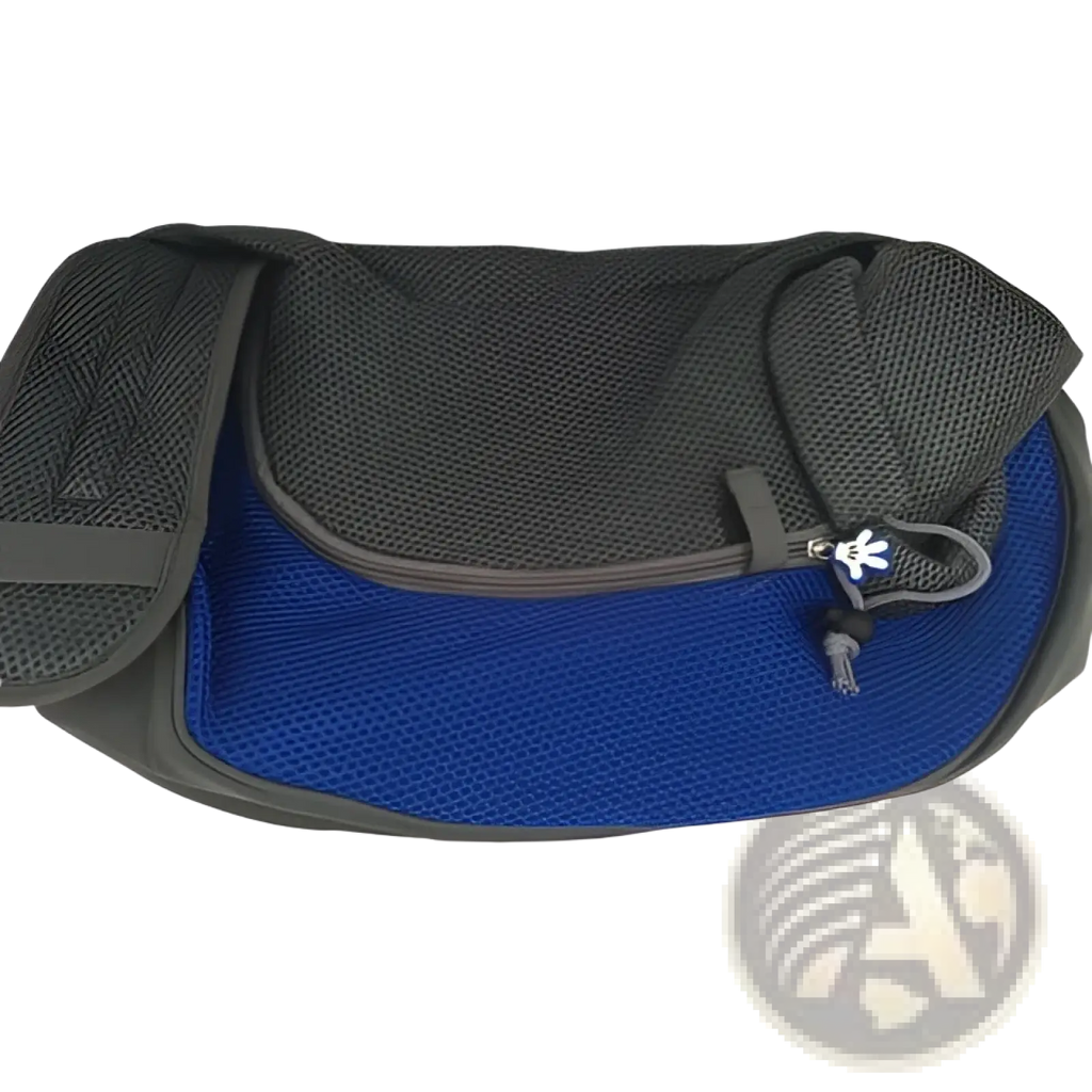 Blue and black mesh pet sling carrier bag with zipper closure for hands free dog backpack use