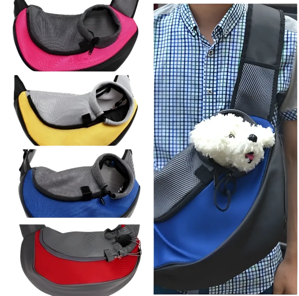 Blue and gray mesh pet sling carrier bag with adjustable straps for hands free comfortable small dog transport