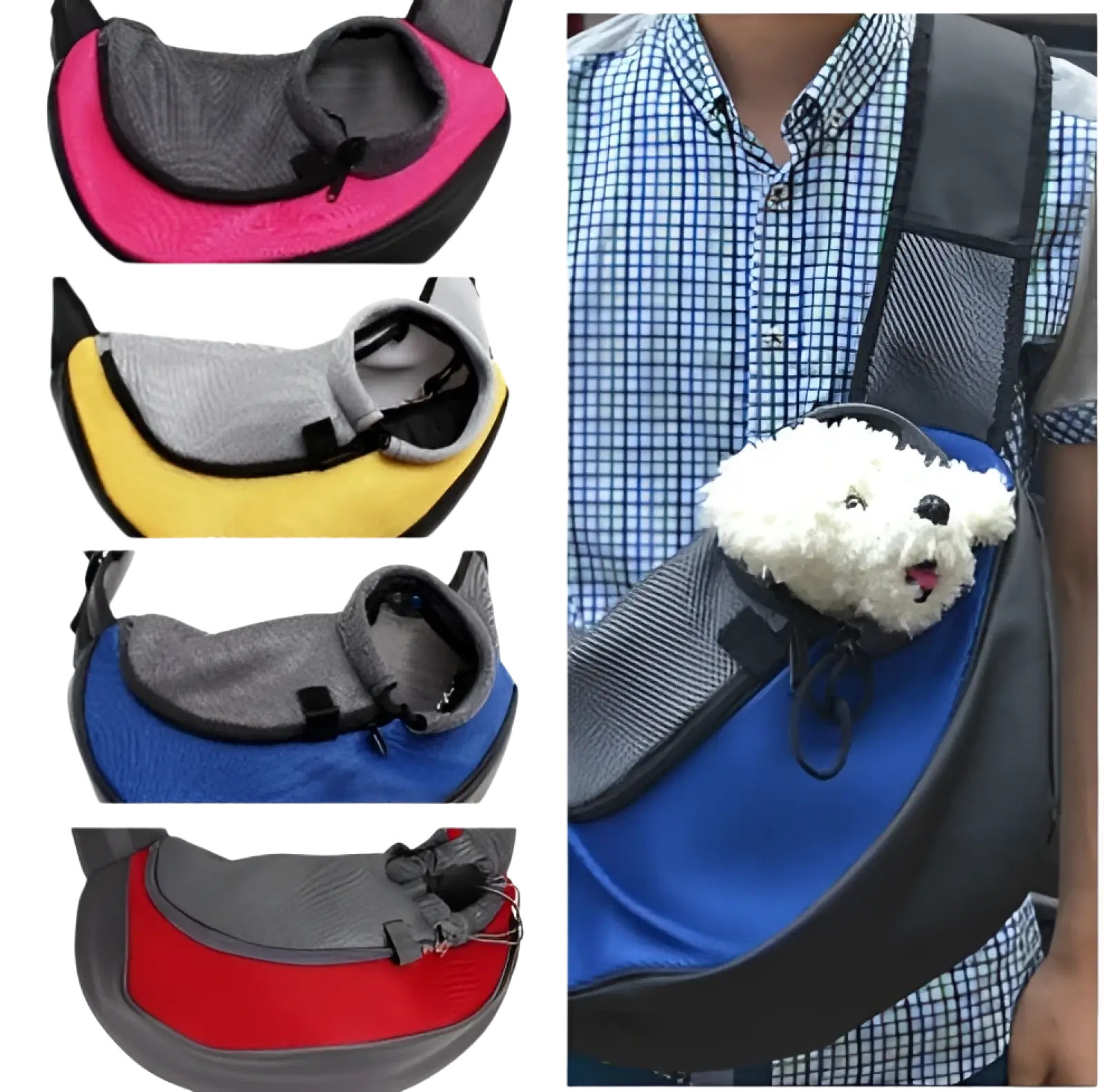 Blue and gray mesh pet sling carrier bag with adjustable straps for hands free comfortable small dog transport