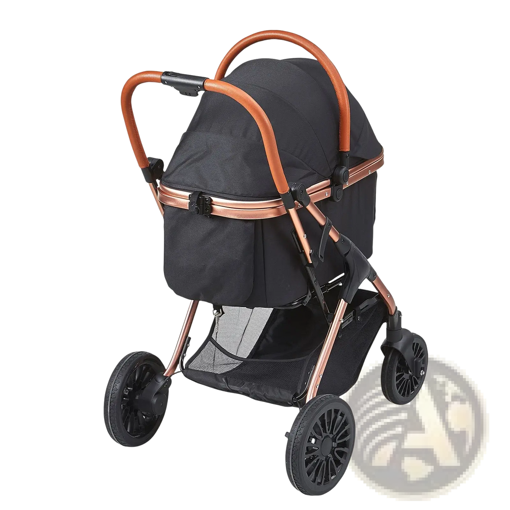 Pet stroller with 66 lbs capacity featuring a black seat and rose gold metallic frame and handlebars shown from the back