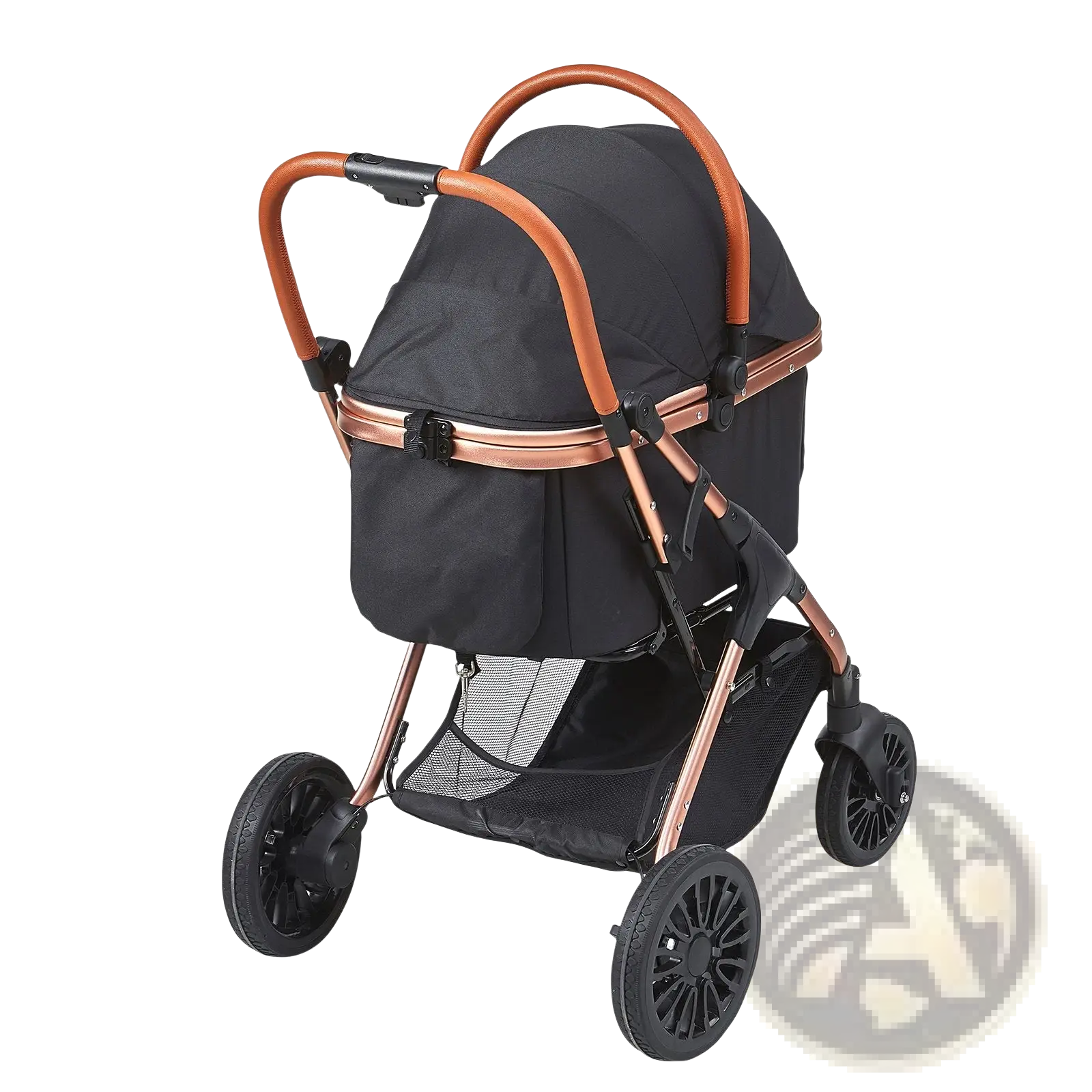 Pet stroller with 66 lbs capacity featuring a black seat and rose gold metallic frame and handlebars shown from the back