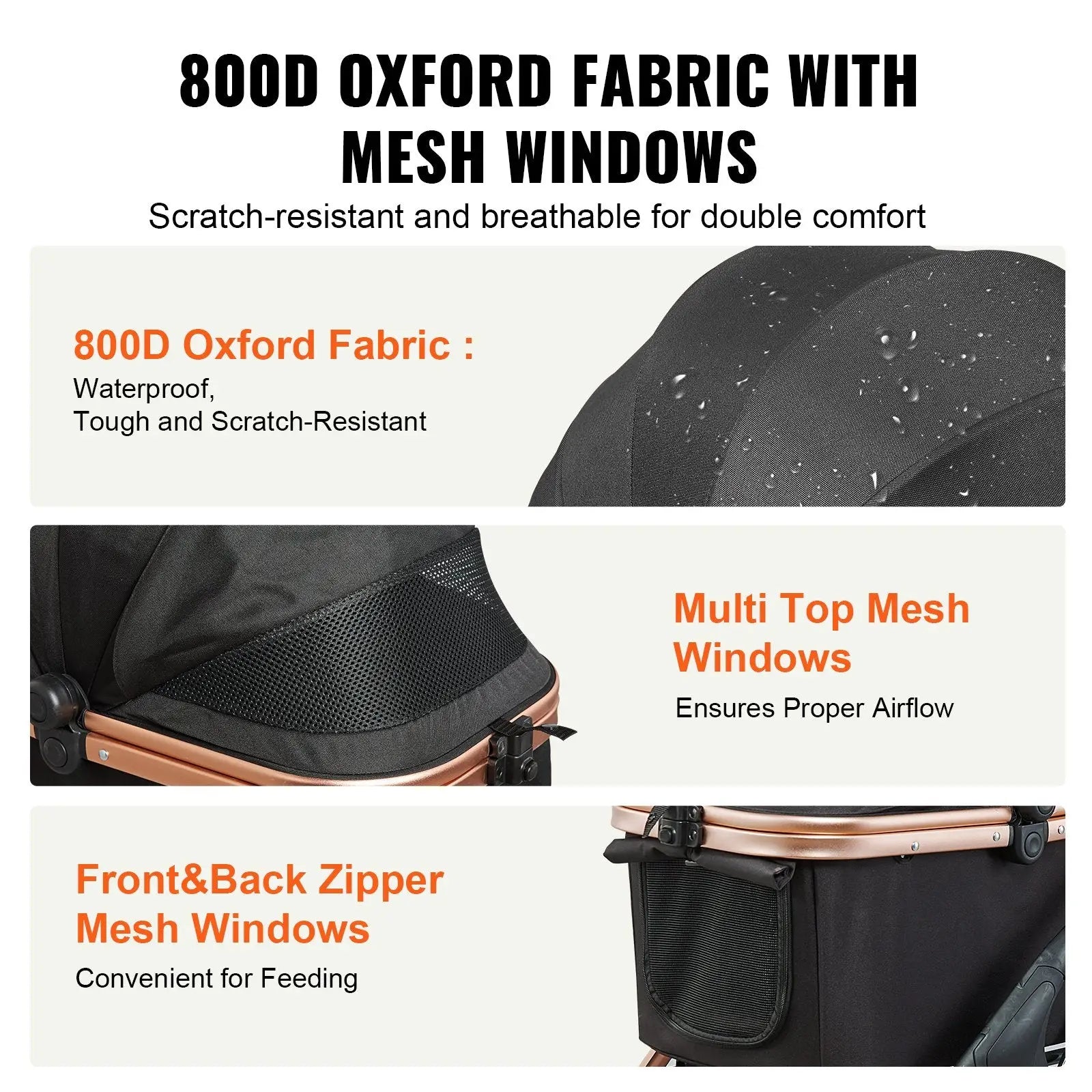 Black oxford fabric pet stroller with mesh windows and rose gold metal frame 66 lbs capacity shown from the back side