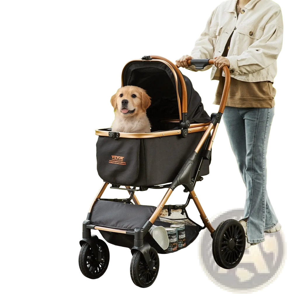 Pet stroller 66 lbs capacity black rose gold with black and bronze mesh and golden retriever puppy inside