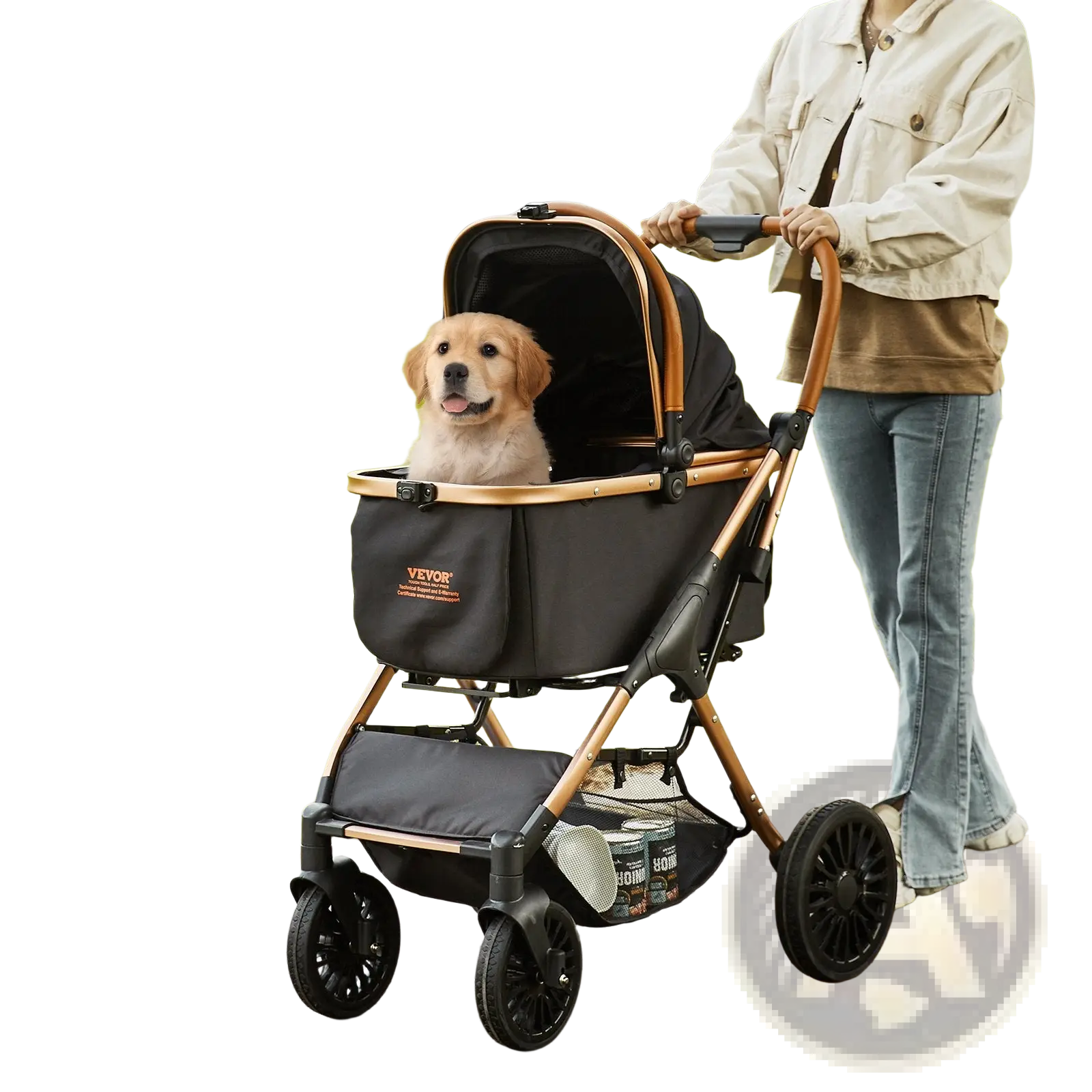 Pet stroller 66 lbs capacity black rose gold with black and bronze mesh and golden retriever puppy inside
