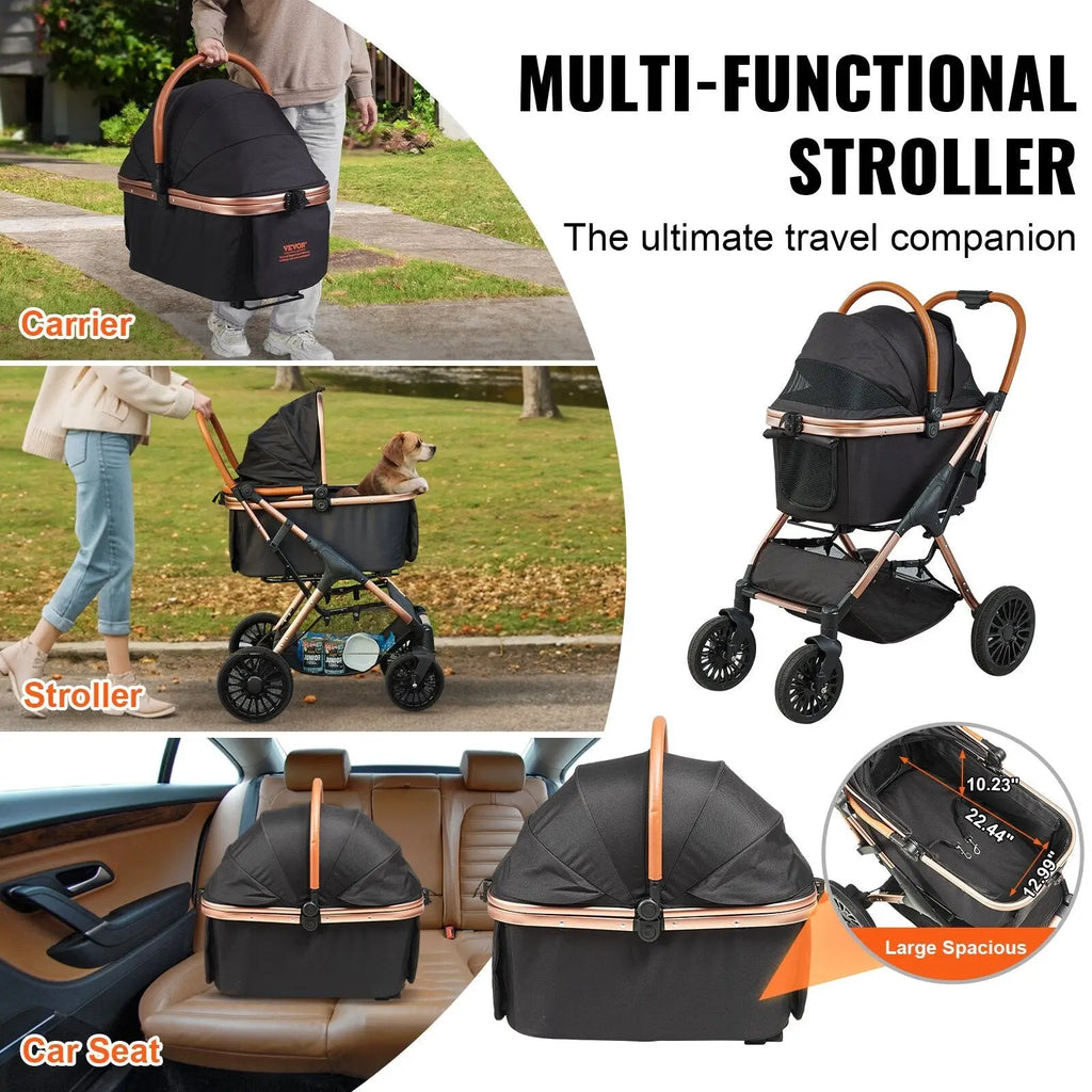 Black and rose gold pet stroller with soft fabric canopy and sturdy metal frame for easy mobility and 66 lbs capacity