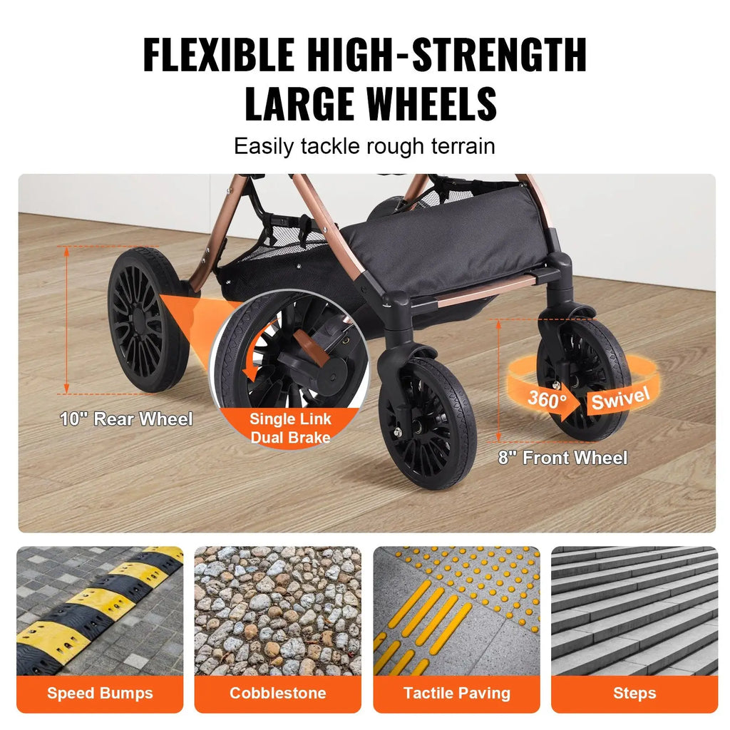 Sturdy pet stroller with rose gold frame and black wheels featuring 10-inch rear and 8-inch front swivel design