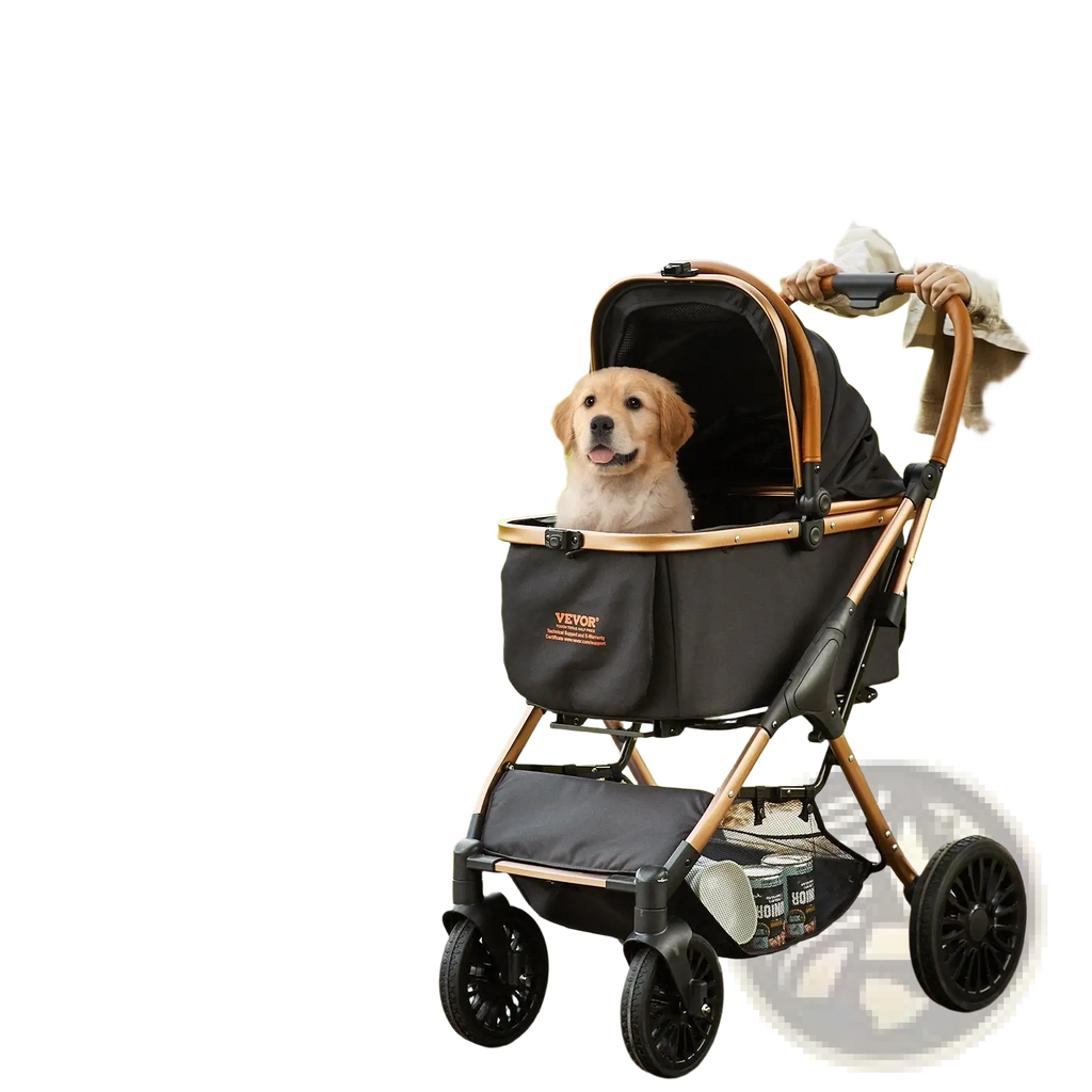 Black and rose gold vevoor pet stroller with aluminum alloy frame and 66 lbs capacity shown from the back side