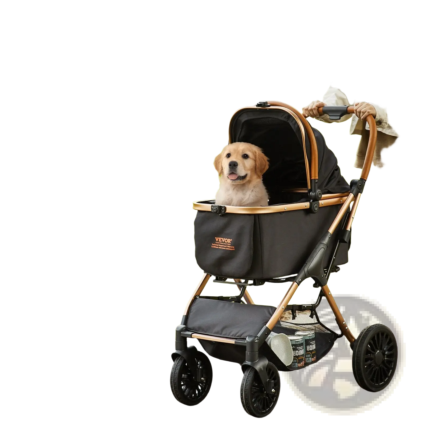 Black and rose gold vevoor pet stroller with aluminum alloy frame and 66 lbs capacity shown from the back side