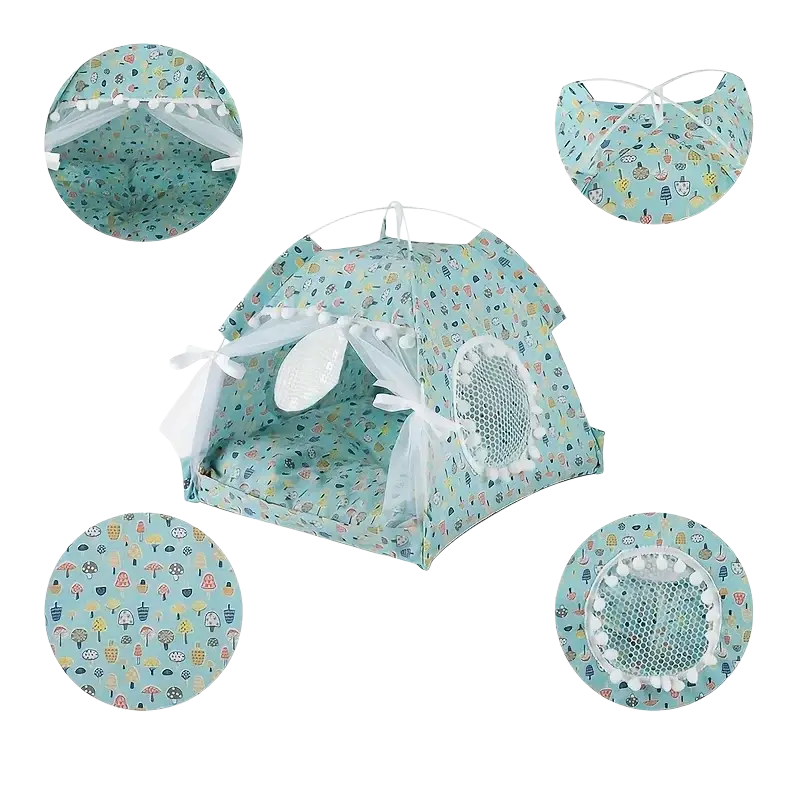 Light blue pet tent with whimsical mushroom leaf pattern lace trim white mesh windows and decorative pom-pom ties