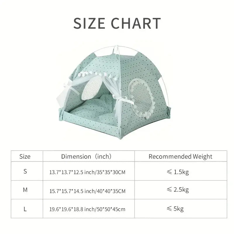 A mint green polka-dotted pet tent with white lace trim and mesh panels designed as a floral print cave bed for pets