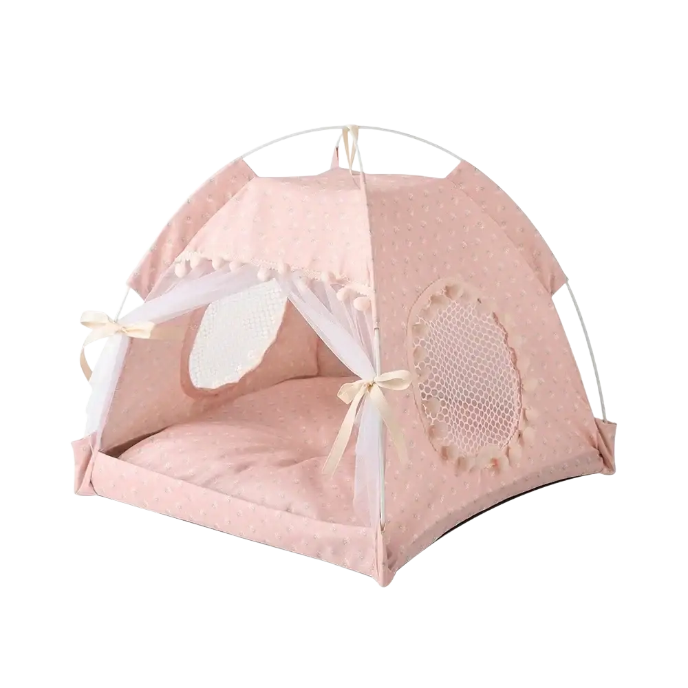 Pink polka-dotted pet tent with lace trim and mesh windows for cats and dogs floral print cave bed