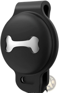 Black silicone pet tracker case with silver bone-shaped cutout accessory showing back side of the product