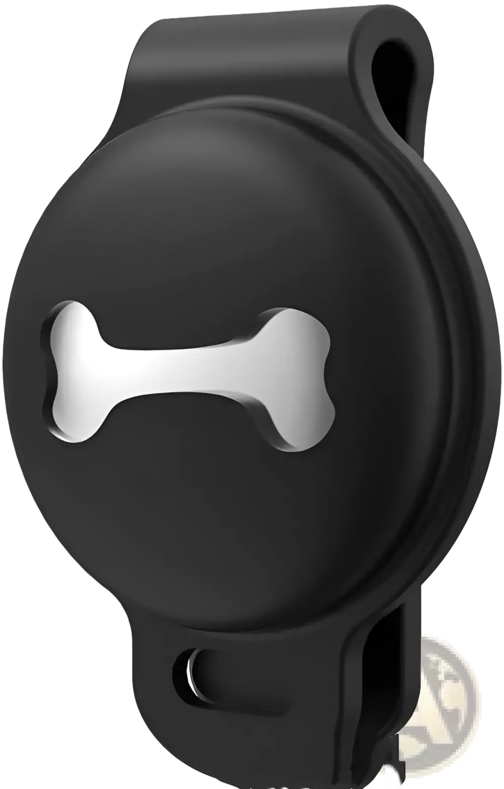 Black silicone pet tracker case with silver bone-shaped cutout accessory showing back side of the product