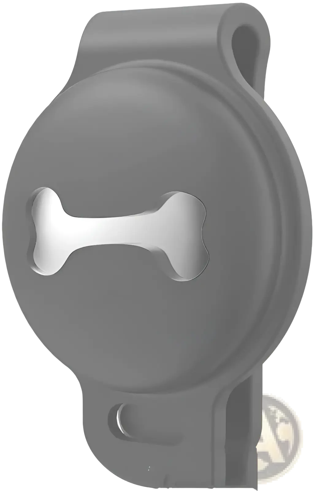 Gray silicone pet tracker case with silver bone-shaped cutout accessory showing the back side of the product