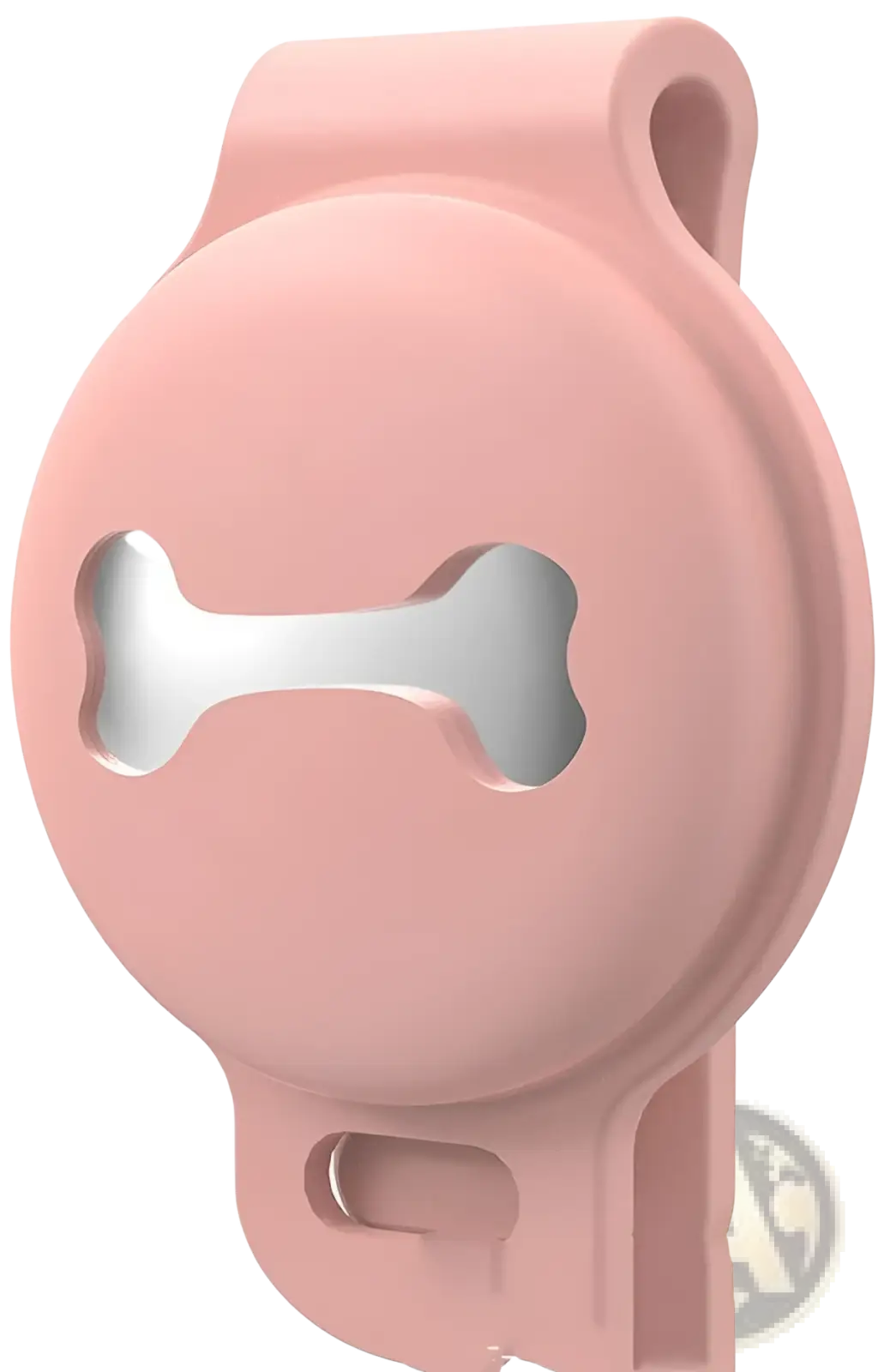Pink silicone pet waste disposal clip with silver bone-shaped cutout in pet tracker silicone case accessory