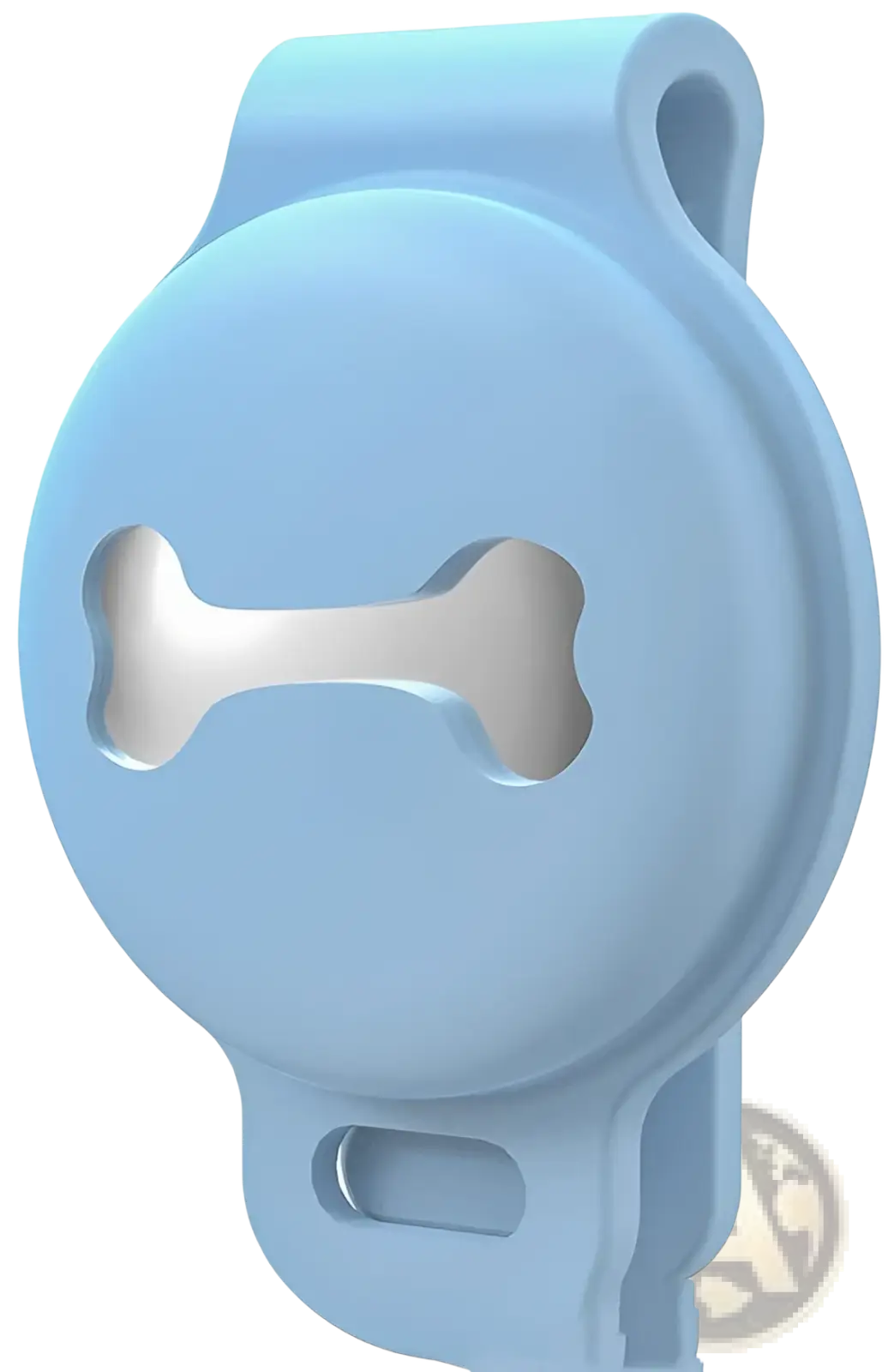 Light blue silicone pet tracker case with bone-shaped cutout accessory shown from the back side