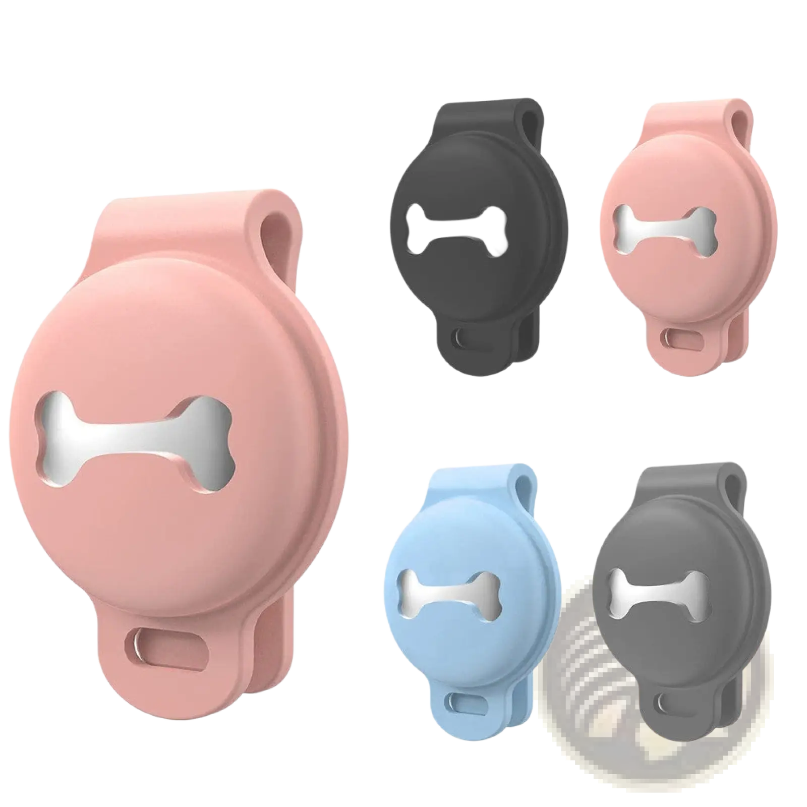 Pastel pink silicone pet tracker case with bone-shaped cutout and clip accessory for secure attachment