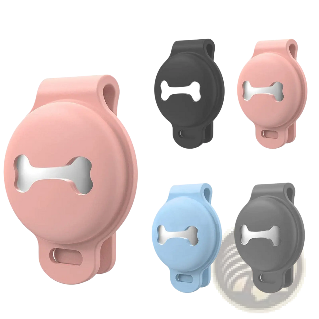 Pastel pink silicone pet tracker case with bone-shaped cutout and clip accessory for secure attachment