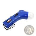 Blue plastic pet training clicker with clear dome tip and black wrist strap used for dog training and snack dispensing