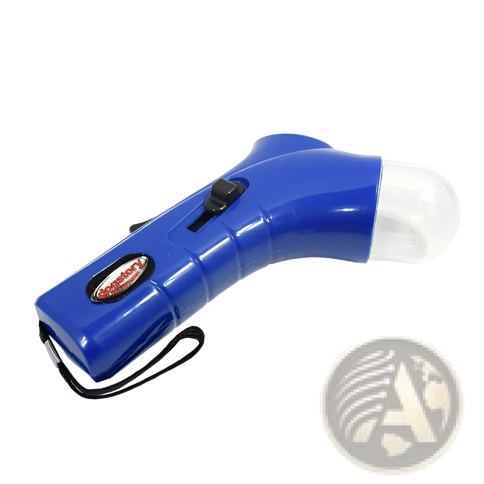 Blue plastic pet training clicker with clear dome tip and black wrist strap used for dog training and snack dispensing