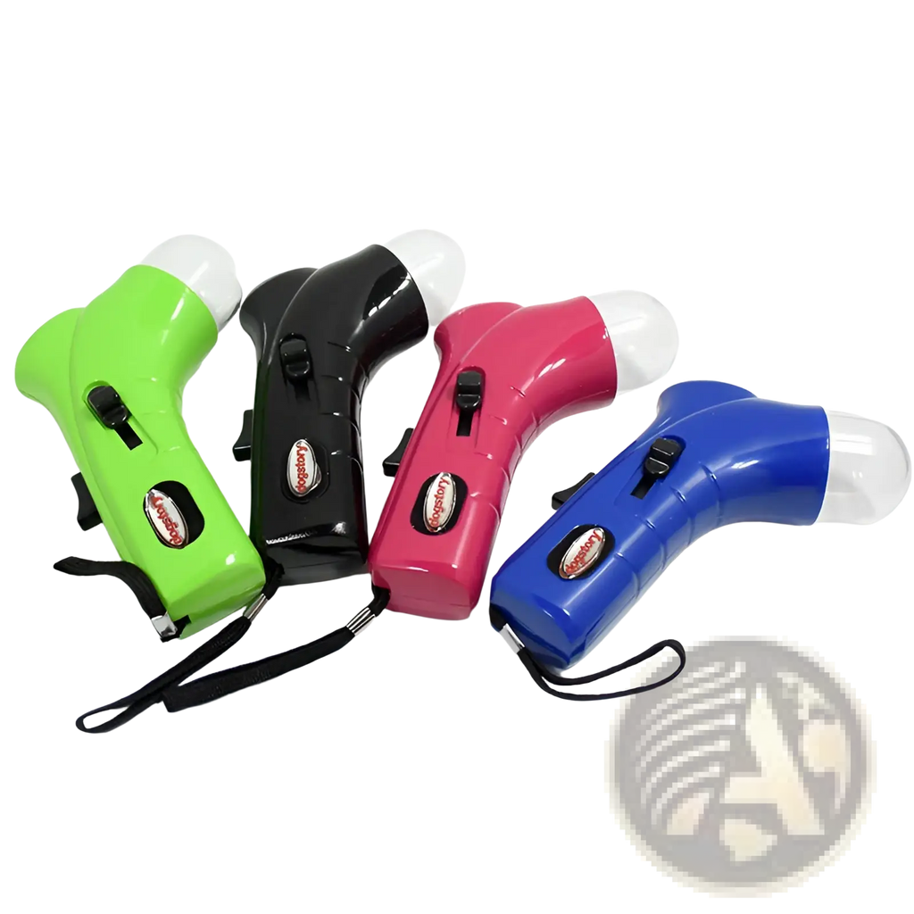 Pet training clicker and snack dispenser tool in green black pink and blue plastic with clear domed tops