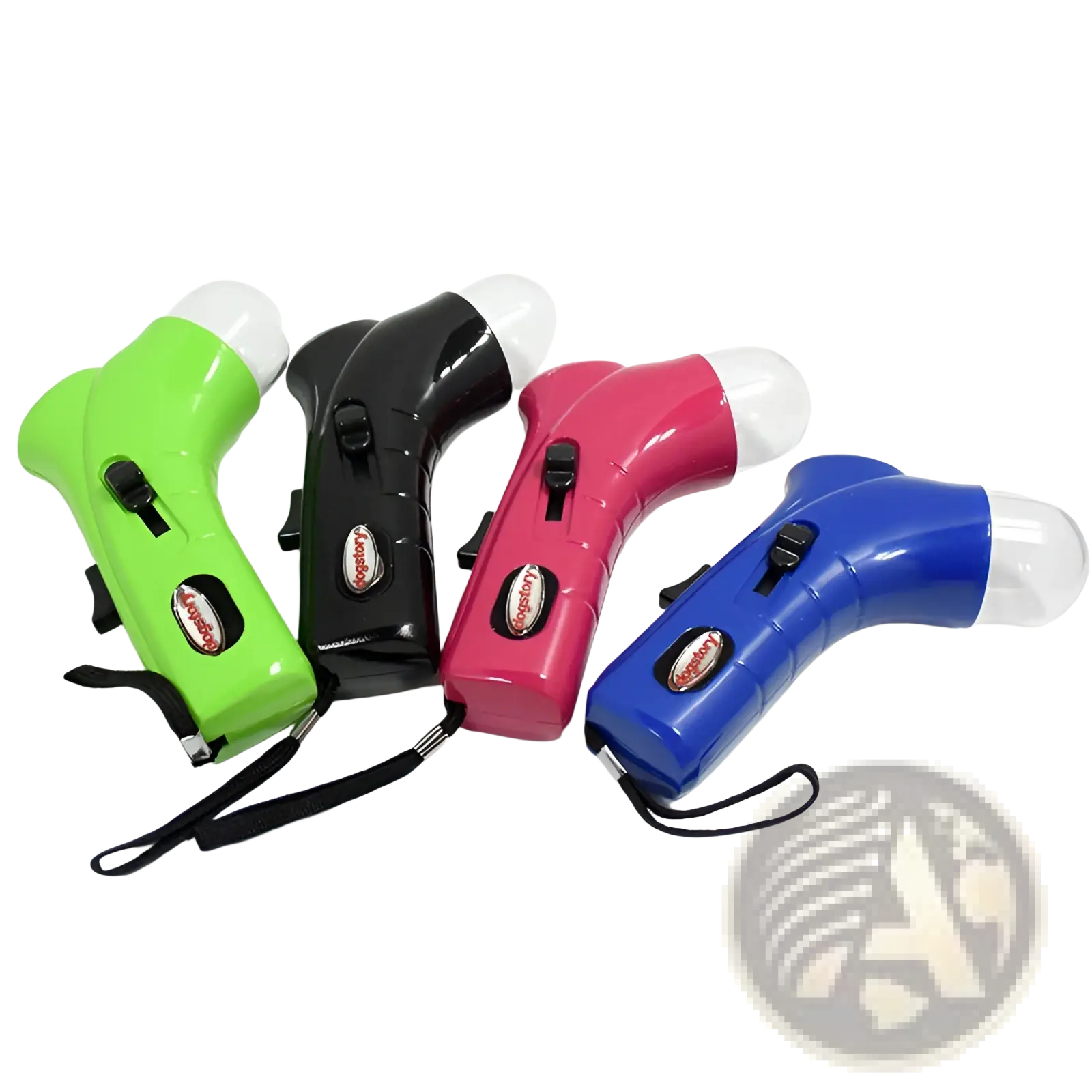 Pet training clicker and snack dispenser tool in green black pink and blue plastic with clear domed tops