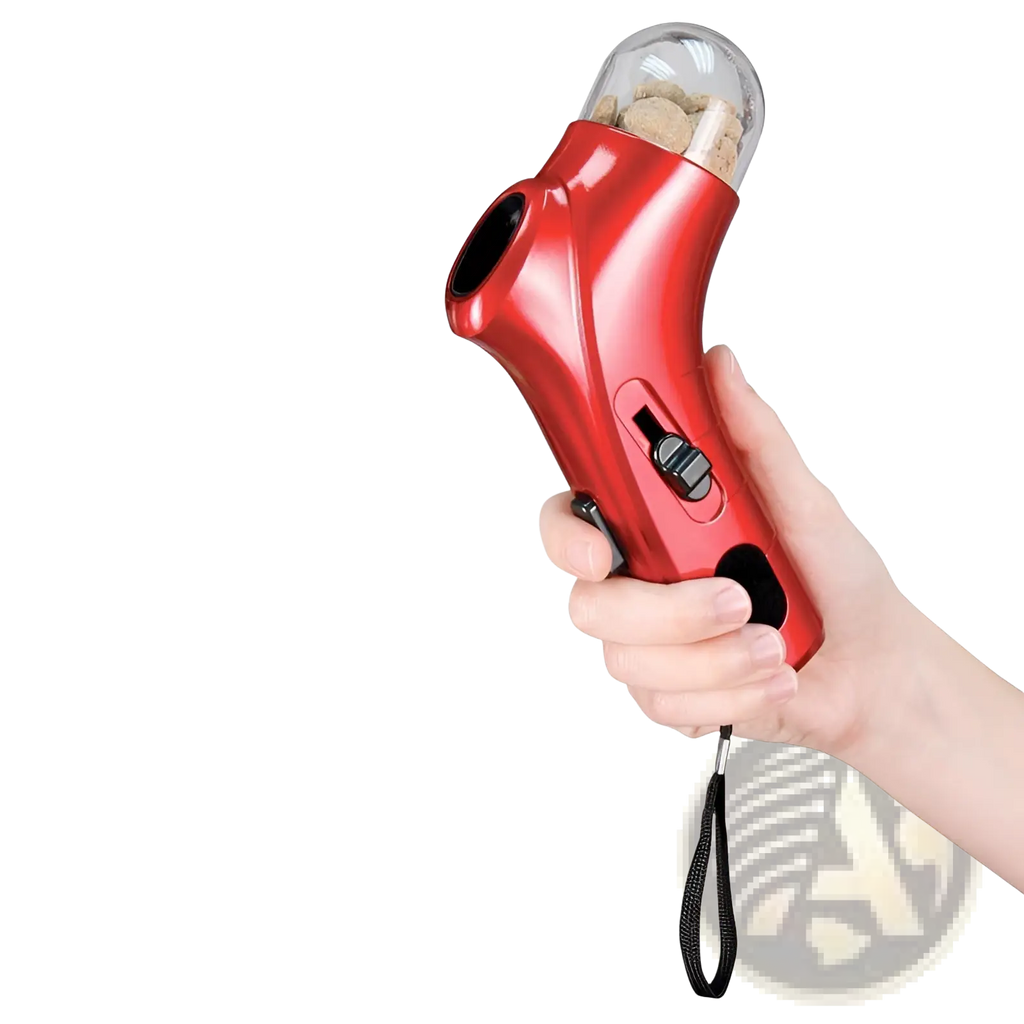 Red handheld wine cork remover with clear dome top and black grip accents designed as a pet training clicker and snack dispenser tool