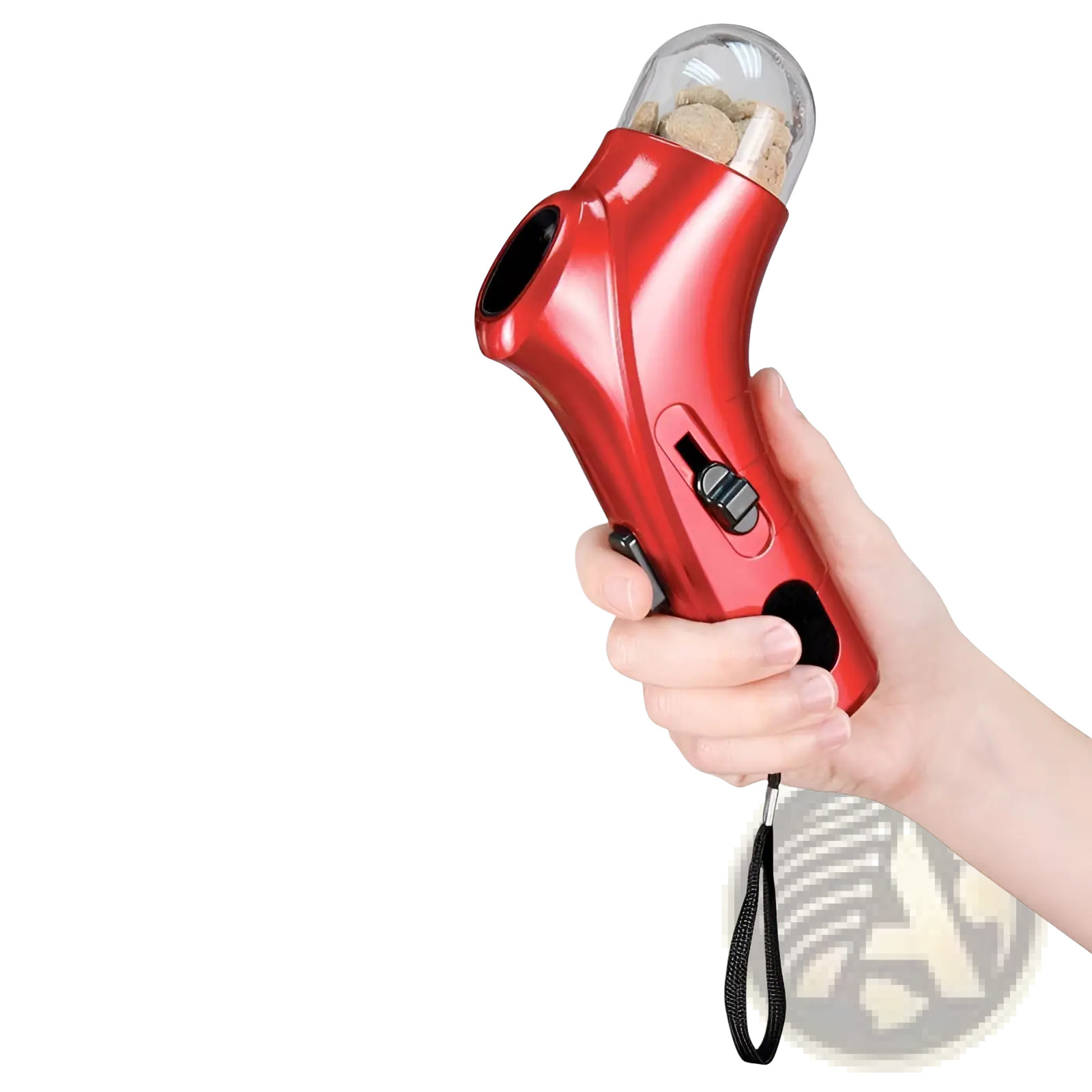 Red handheld wine cork remover with black grip accents and clear dome top used as a pet training clicker and snack dispenser tool