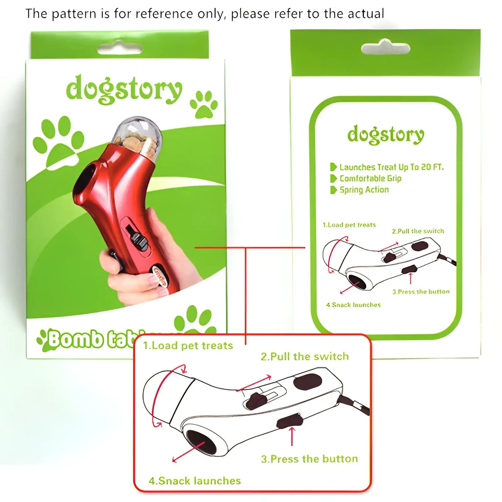 Red plastic pet training clicker and snack dispenser tool with clear dome top and black trigger mechanism