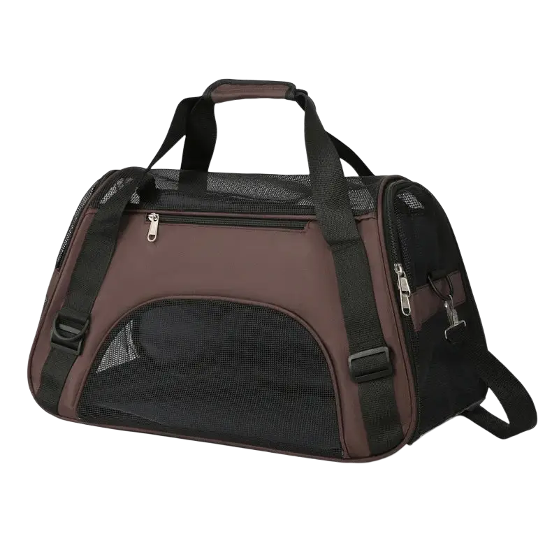 Brown and black pet travel bag with breathable mesh panels adjustable straps and zippers for comfortable space