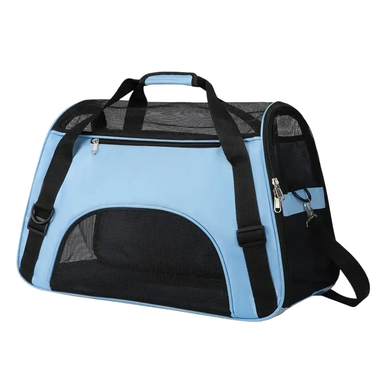 Light blue and black pet travel bag for small dogs and cats with breathable mesh panels for comfortable space and ventilation