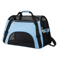 Light blue and black pet travel bag for small dogs and cats with breathable mesh panels for comfortable space and ventilation