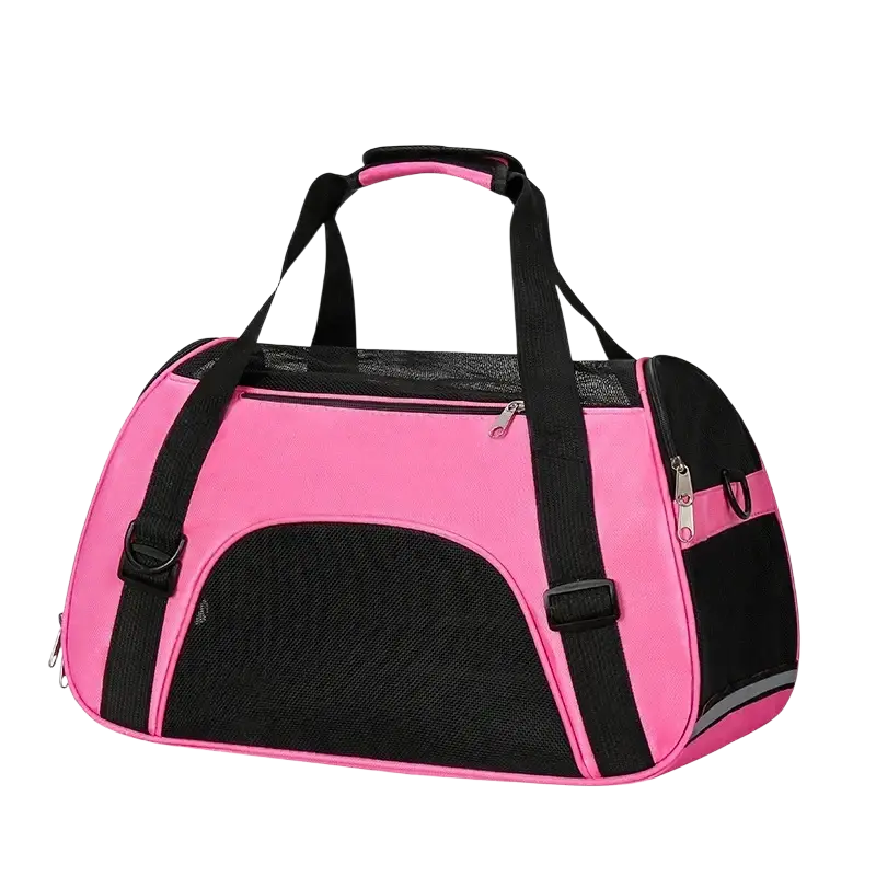 Pink and black pet travel bag with mesh panels and adjustable straps providing a comfortable space for small pets