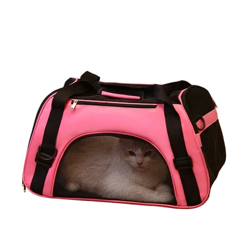 Pink and black pet travel bag for small dogs and cats with breathable mesh front panel for comfortable space