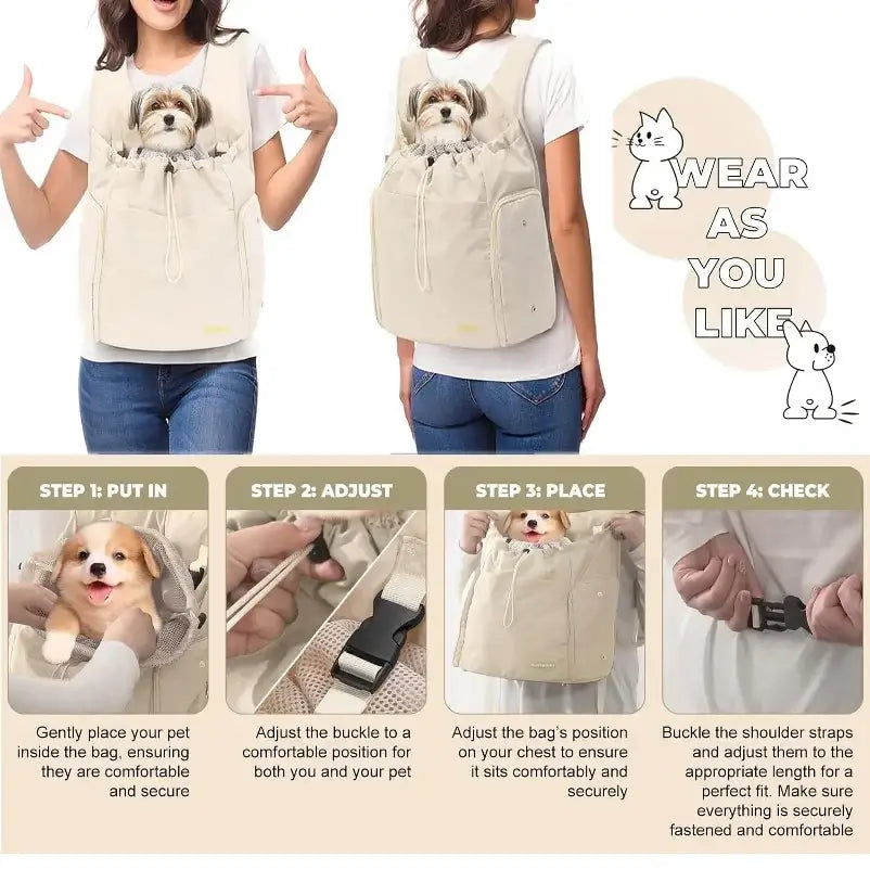 Beige pet travel chest backpack with soft-sided carriers design, adjustable straps and cute dog face front pocket